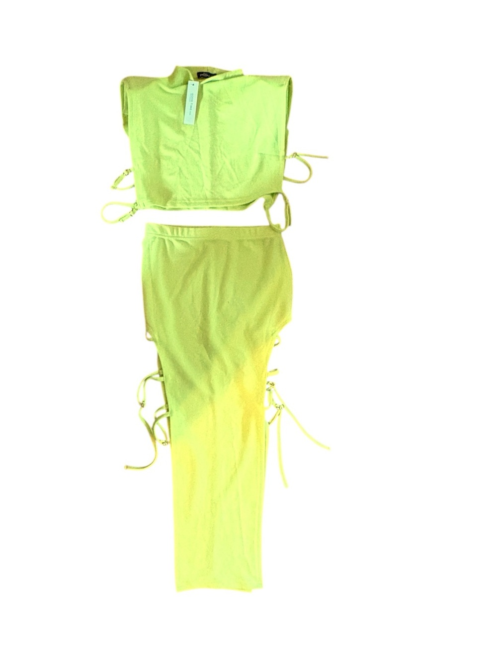 NWT Neon Lime Open Side Ruched 2 Piece Skirt Set